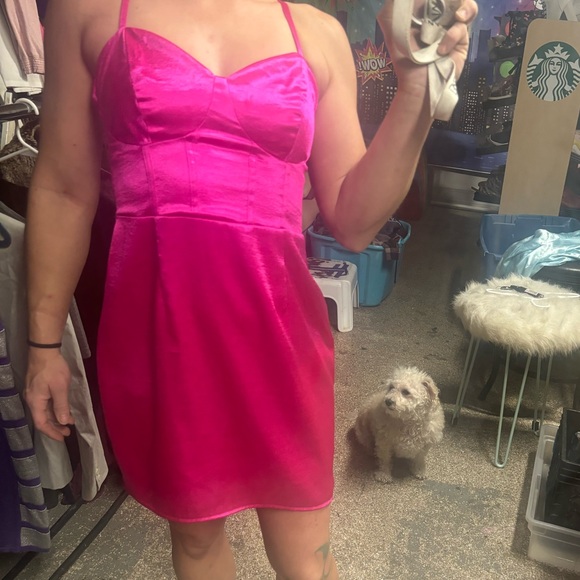 Wild Fable Hot Pink Silky Mini Dress with Lace Up Back - Picture 4 of 7